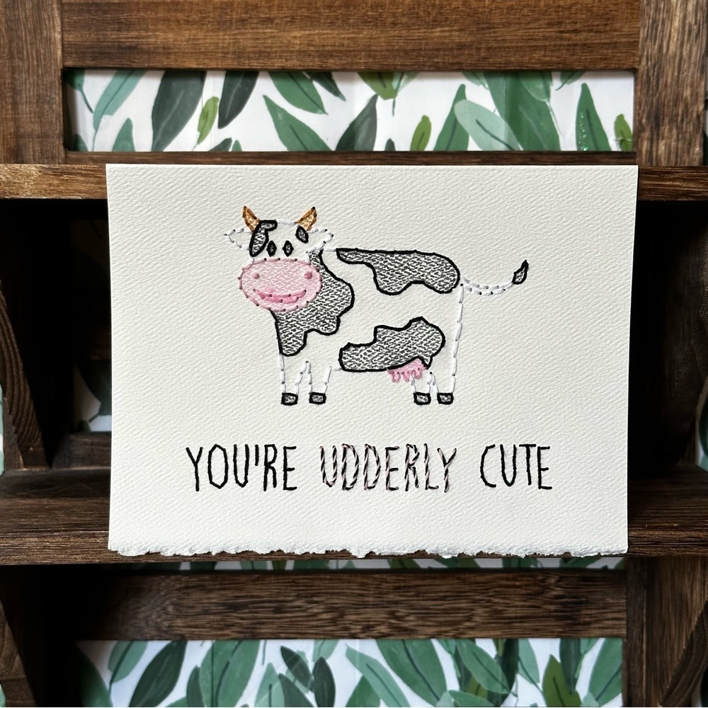 Hand-Embroidered Valentine’s Day Card - Udderly Cute